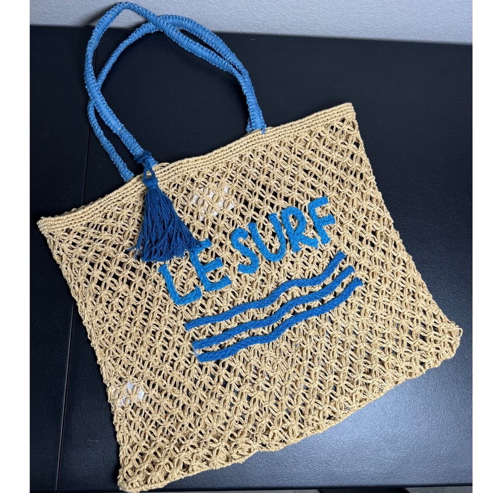 lu & elle Le Surf Woven Raffia Tote Bag Blue Tan Macrame Tassel BLY-LAE